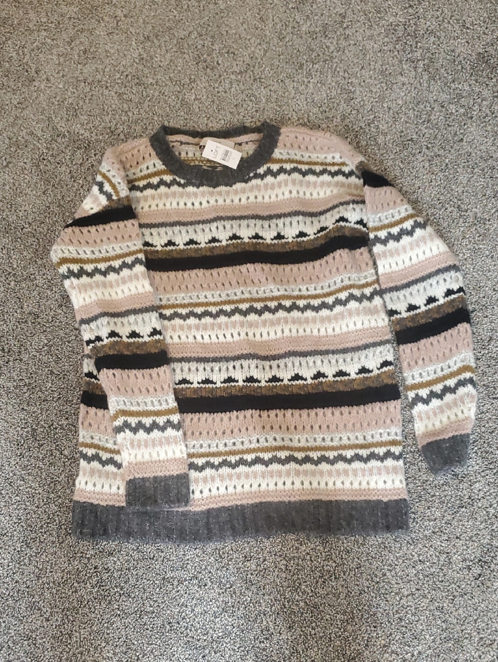LOFT Striped Fair Isle Crewneck Sweater in Tan and Gray